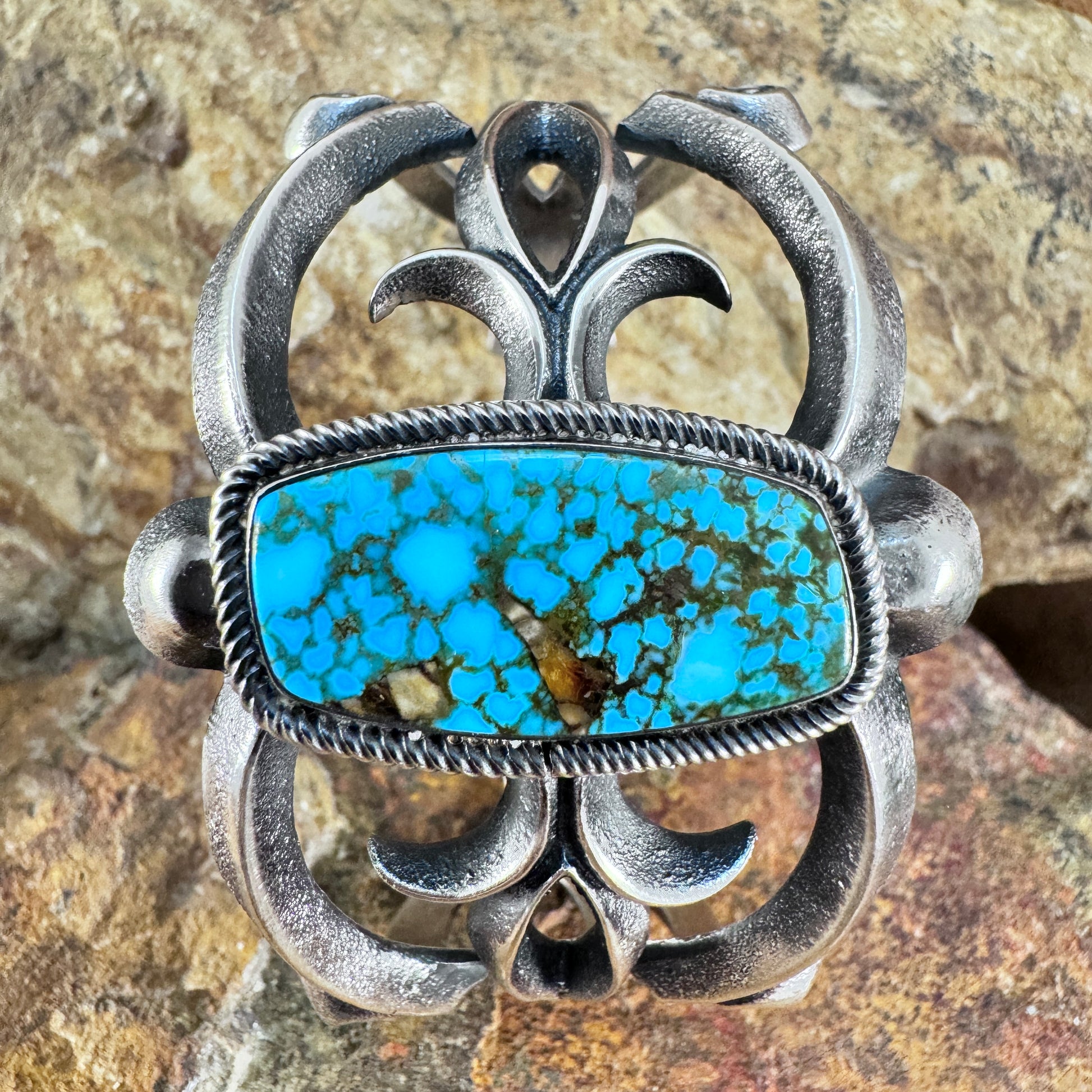 Sterling Silver Openwork Cuff Bracelet with Royston Turquoise by Aaron A