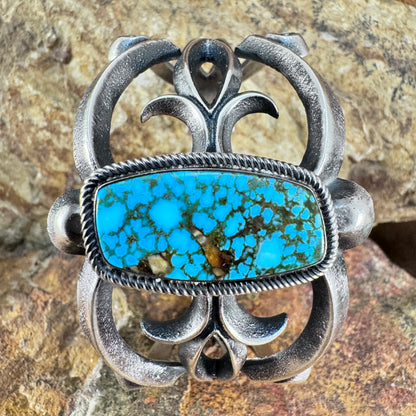 Sterling Silver Openwork Cuff Bracelet with Royston Turquoise by Aaron A