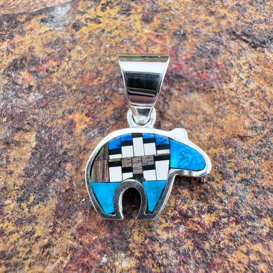 David Rosales Iron Spirit Inlaid Sterling Silver Pendant Little Bear