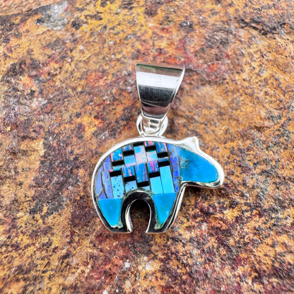 David Rosales Stardust Inlaid Sterling Silver Pendant Little Bear
