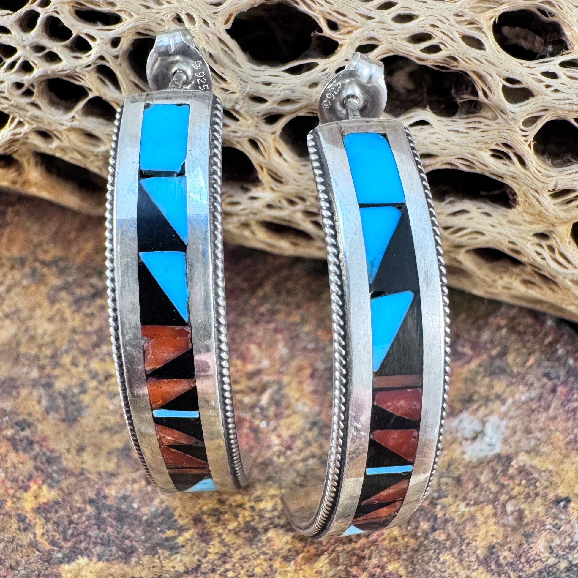 Sterling Silver Inlay Hoop Earrings