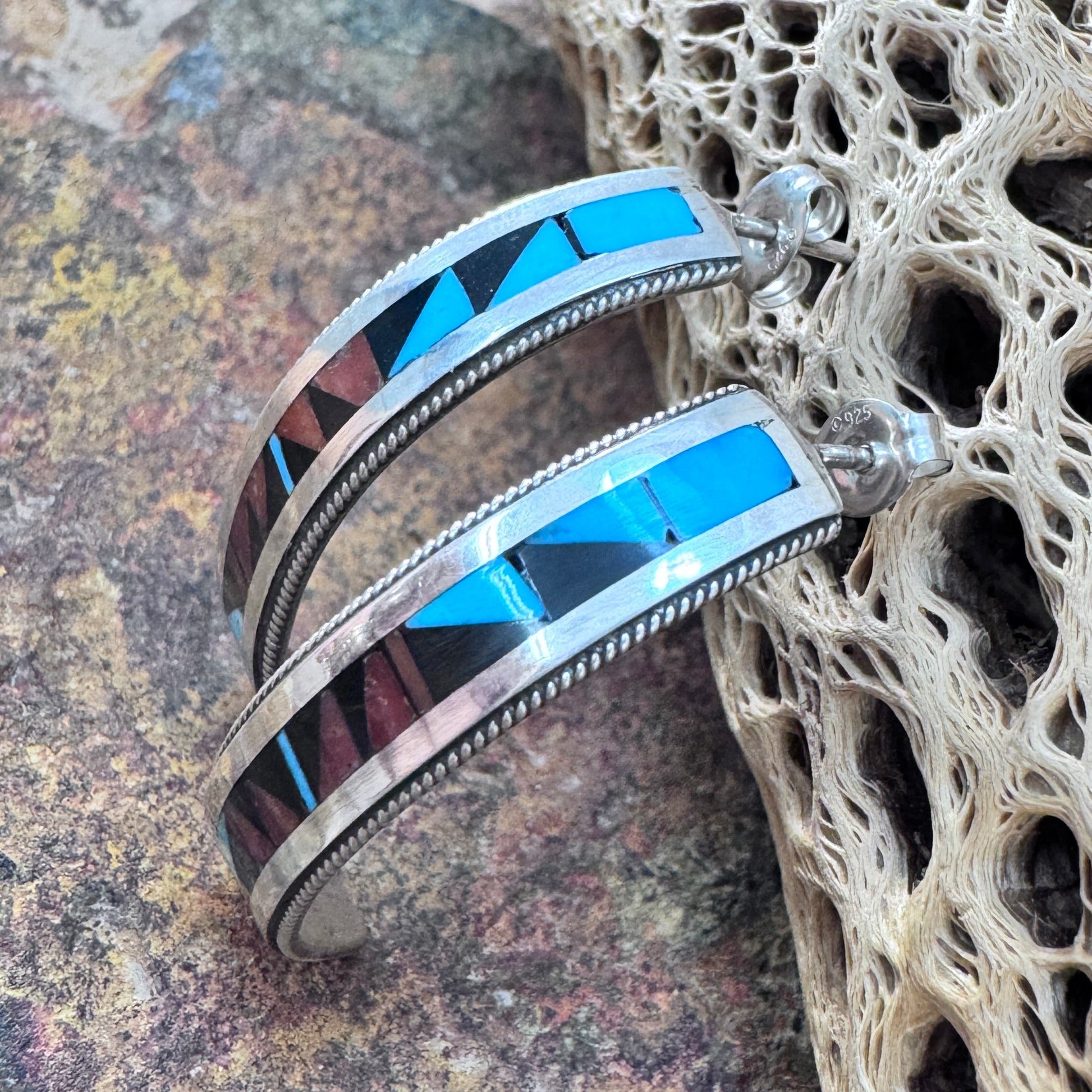 Sterling Silver Inlay Hoop Earrings