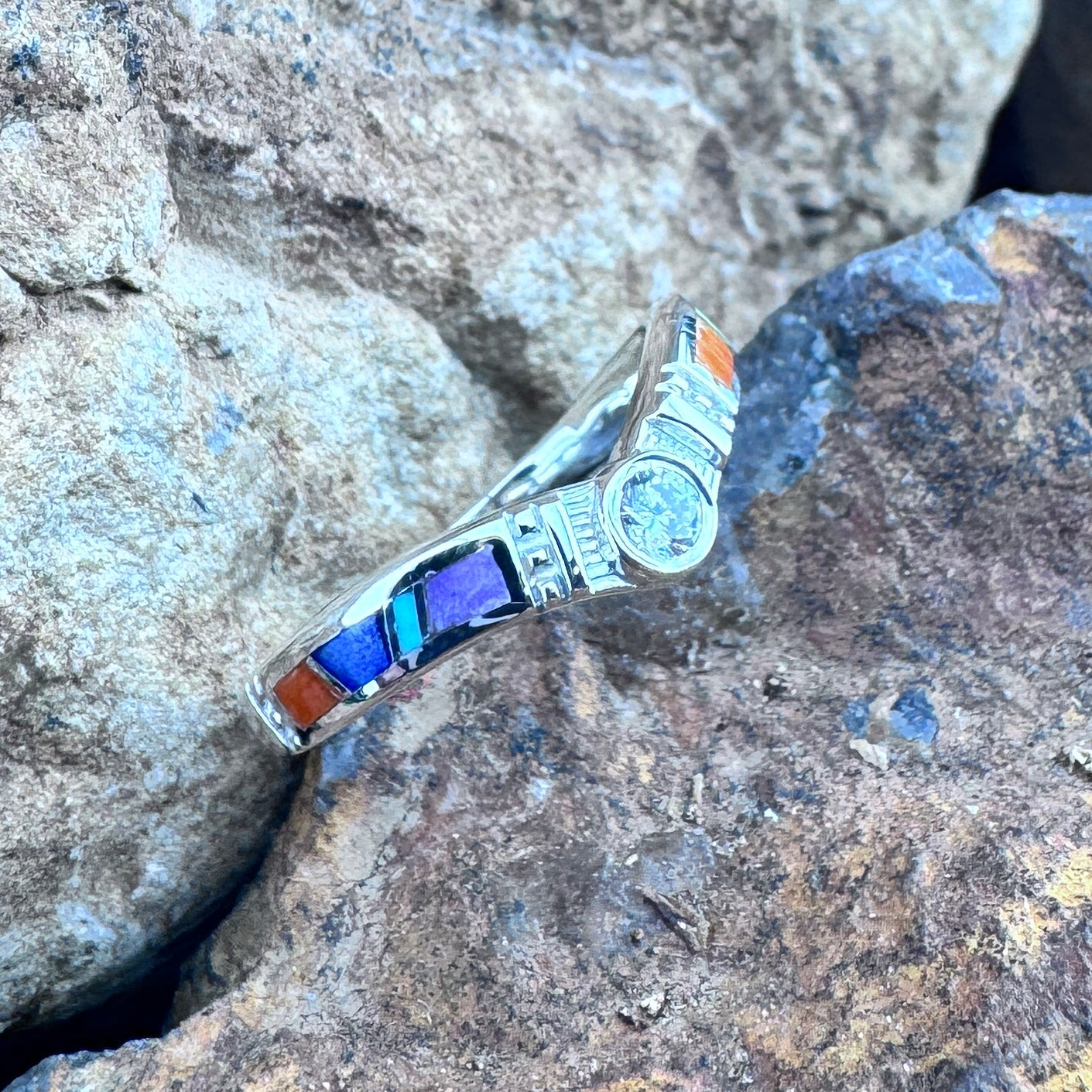 David Rosales Indian Summer Inlaid Sterling Silver Ring w/ Cubic Zirconia