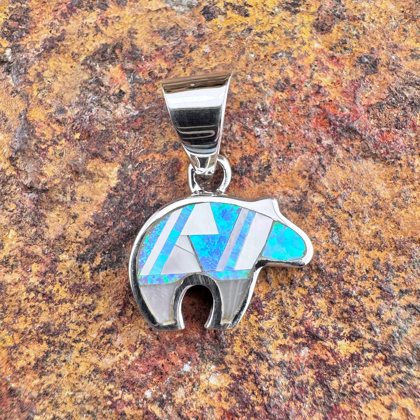 David Rosales Mystic Pearl Inlaid Sterling Silver Pendant Little Bear