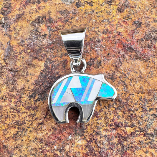 David Rosales Mystic Pearl Inlaid Sterling Silver Pendant Little Bear