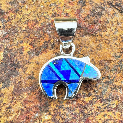 David Rosales Blue Sky Inlaid Sterling Silver Pendant Little Bear