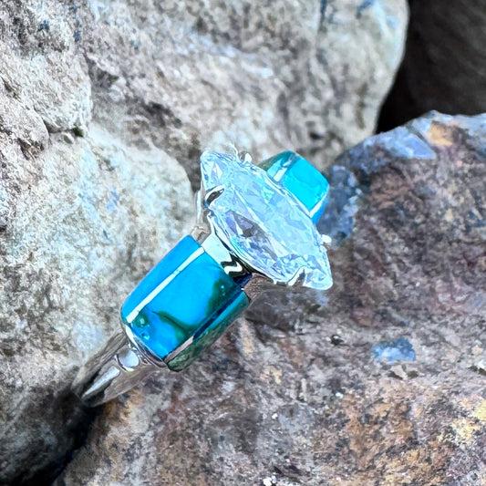 David Rosales Sonoran Gold Inlaid Sterling Silver Ring with Cubic Zirconia