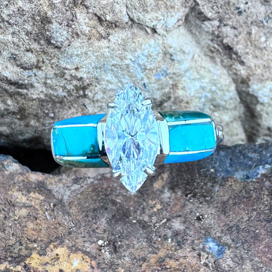 David Rosales Sonoran Gold Inlaid Sterling Silver Ring with Cubic Zirconia