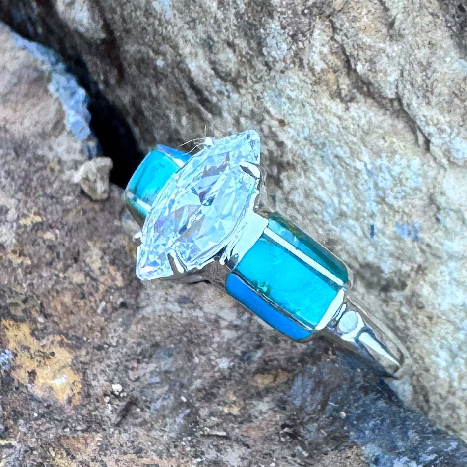 David Rosales Sonoran Gold Inlaid Sterling Silver Ring with Cubic Zirconia