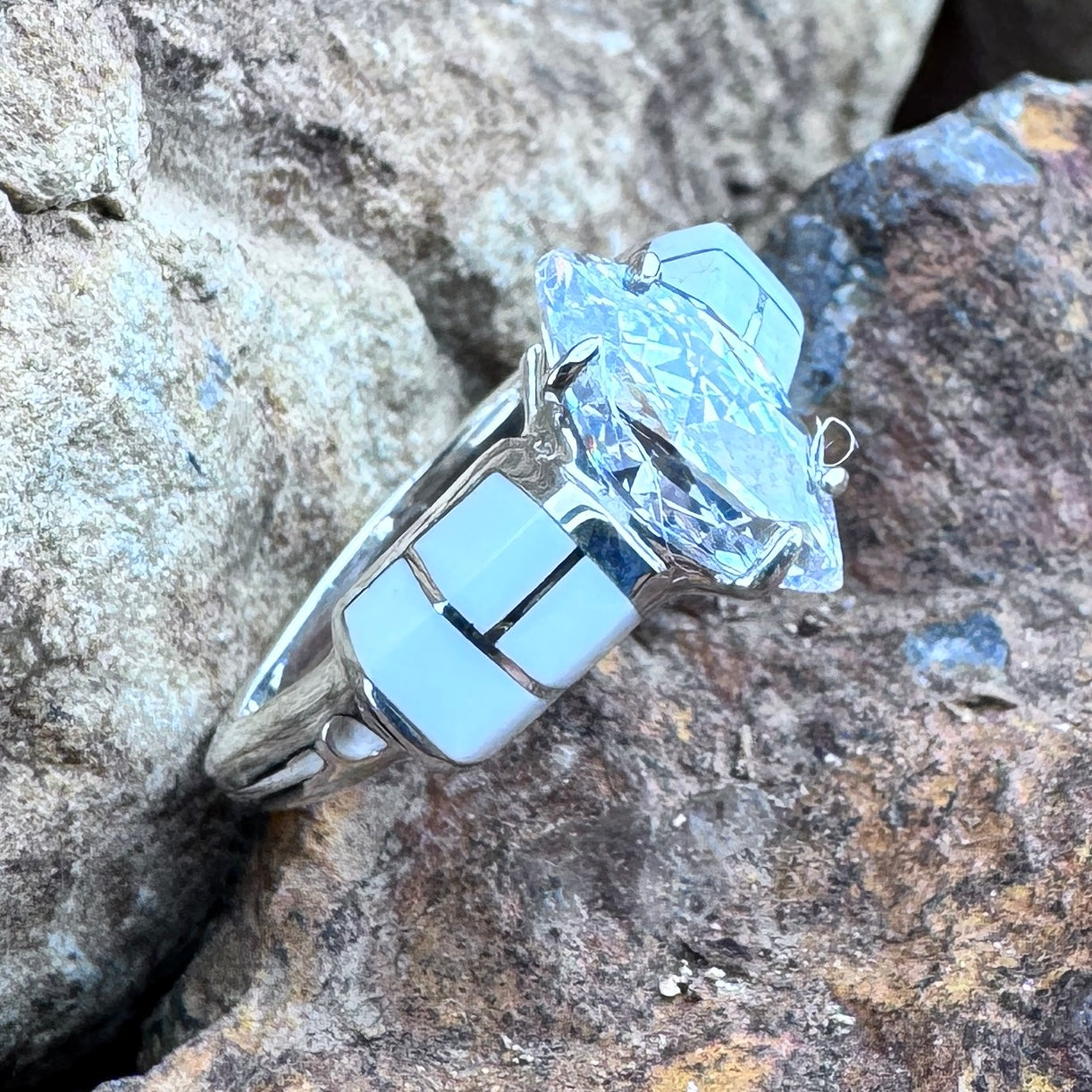 David Rosales Pristine Inlaid Sterling Silver Ring with Cubic Zirconia