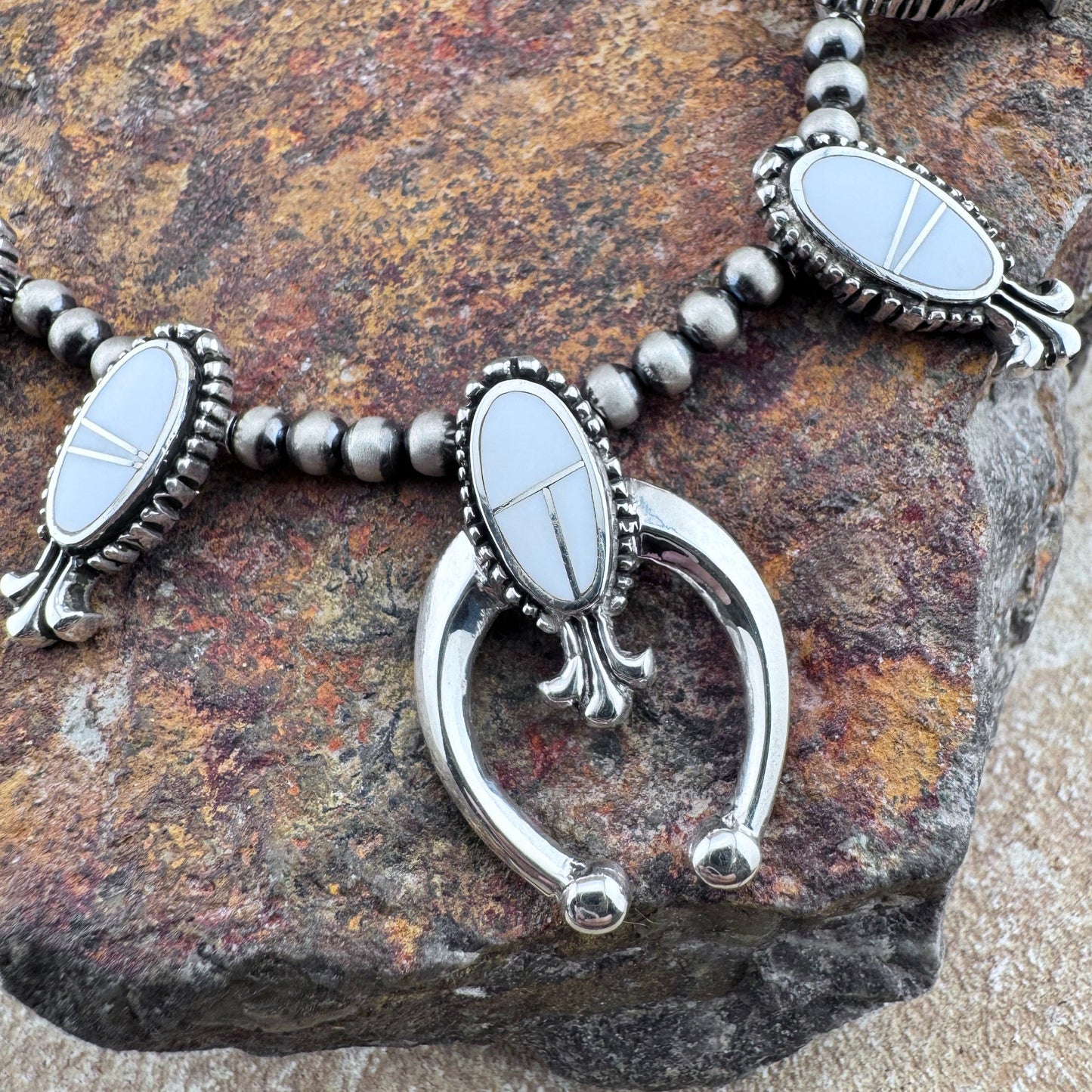 David Rosales Pristine Inlaid Sterling Silver Squash Blossom Necklace with matching Earrings