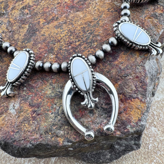 David Rosales Pristine Inlaid Sterling Silver Squash Blossom Necklace with matching Earrings