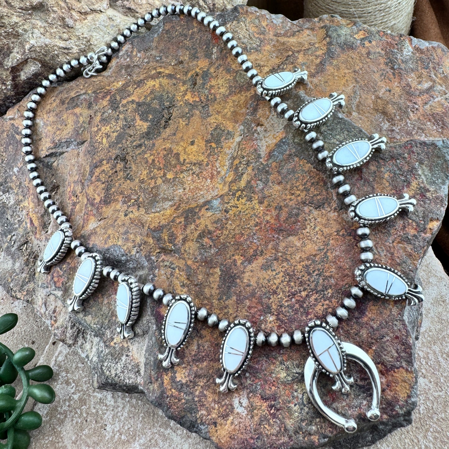 David Rosales Pristine Inlaid Sterling Silver Squash Blossom Necklace with matching Earrings
