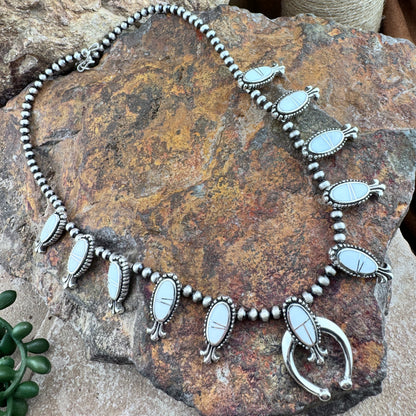 David Rosales Pristine Inlaid Sterling Silver Squash Blossom Necklace with matching Earrings
