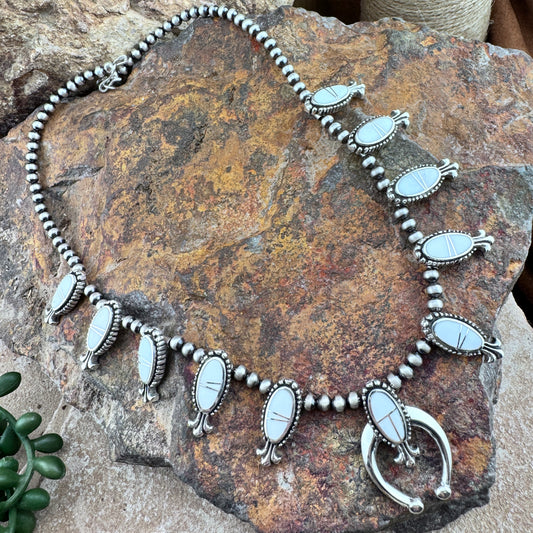David Rosales Pristine Inlaid Sterling Silver Squash Blossom Necklace with matching Earrings