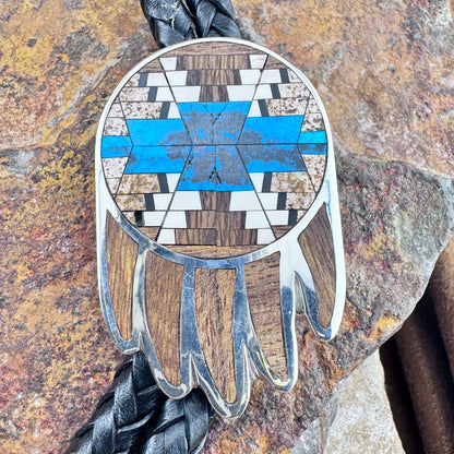 David Rosales Ironwood Fancy Bear Claw Inlaid Sterling Silver Bolo Tie