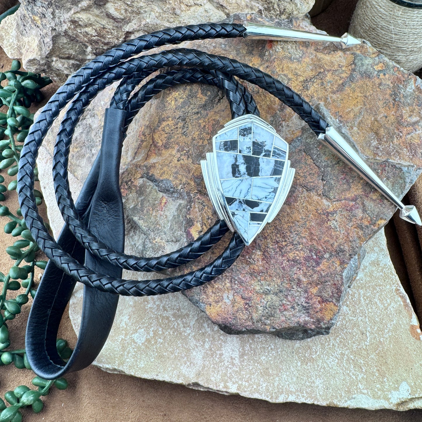 David Rosales White Buffalo Inlaid Sterling Silver Bolo Tie