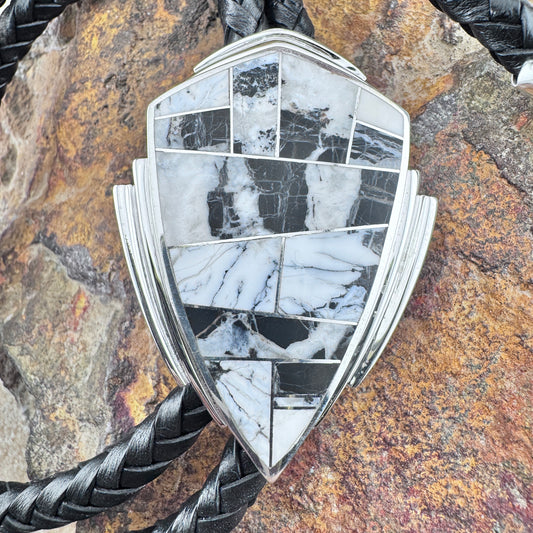 David Rosales White Buffalo Inlaid Sterling Silver Bolo Tie