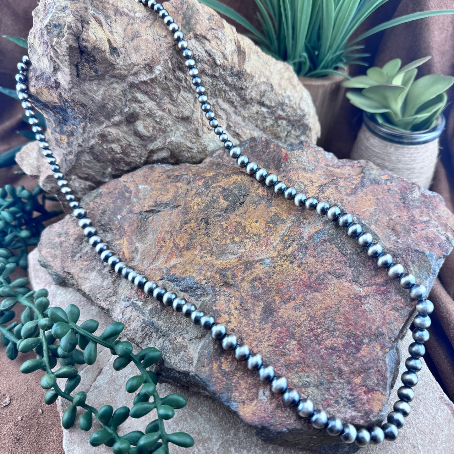 Leonard Nez 22" Oxidized Sterling Silver Navajo Pearl Bead Necklace