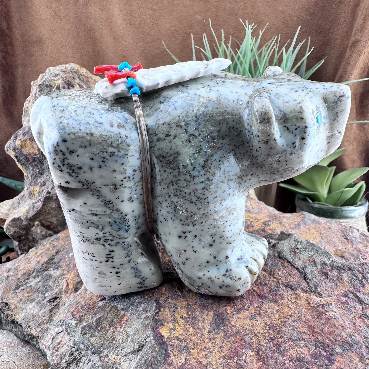 Hand Carved Zuni Fetish Large Bear with Arrow, Red Coral and Turquoise by Darrel Westika