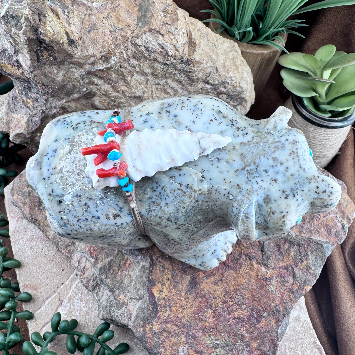 Hand Carved Zuni Fetish Large Bear with Arrow, Red Coral and Turquoise by Darrel Westika