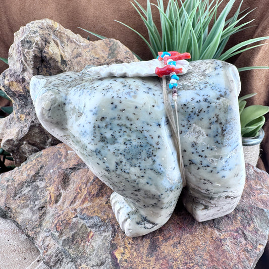 Hand Carved Zuni Fetish Large Bear with Arrow, Red Coral and Turquoise by Darrel Westika