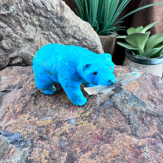 Hand Carved Zuni Fetish Turquoise Bear with Fish by Herb Him