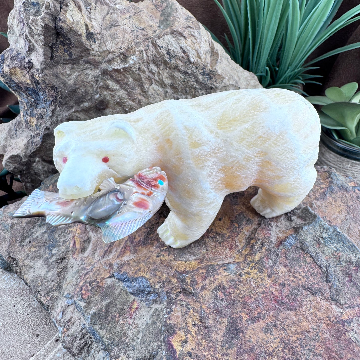 Hand Carved Zuni Fetish Medium Bear with Fish by Herb Him