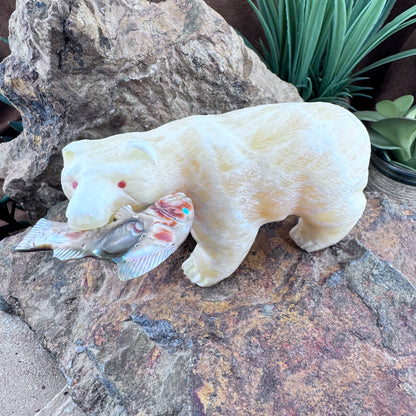 Hand Carved Zuni Fetish Medium Bear with Fish by Herb Him