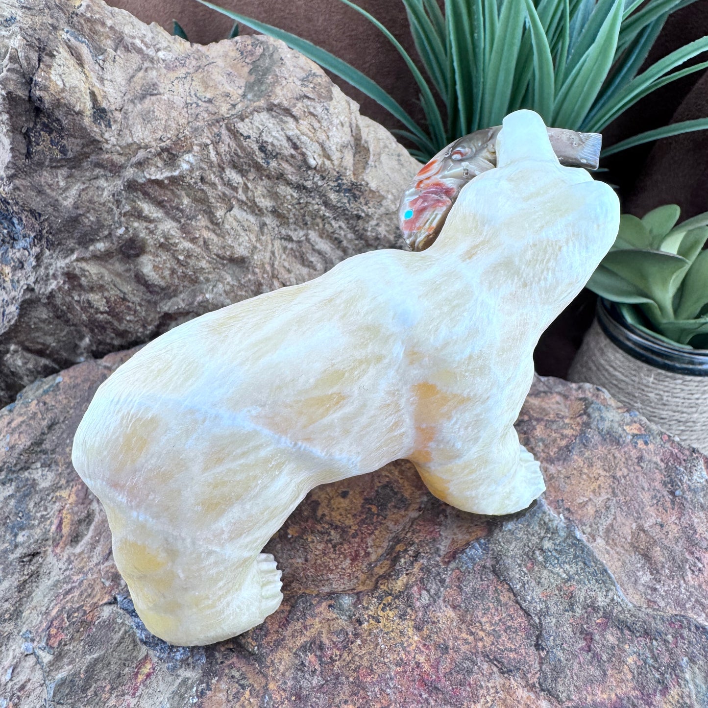 Hand Carved Zuni Fetish Medium Bear with Fish by Herb Him