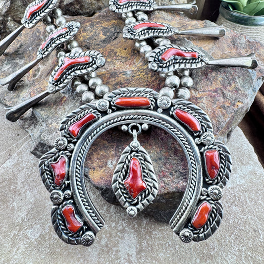 Vintage - Navajo Squash Blossom Necklace with Mediterranean Red Coral - Estate