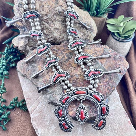 Vintage - Navajo Squash Blossom Necklace with Mediterranean Red Coral - Estate