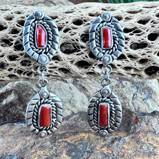Vintage - Navajo Post Dangle Earrings with Mediterranean Red Coral - Estate