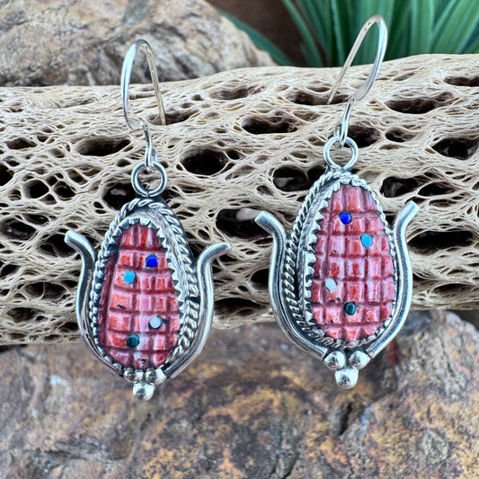 Corn Design Earrings – Spiny Oyster Shell with Multistone Inlay by Kane & Beverly Etsate