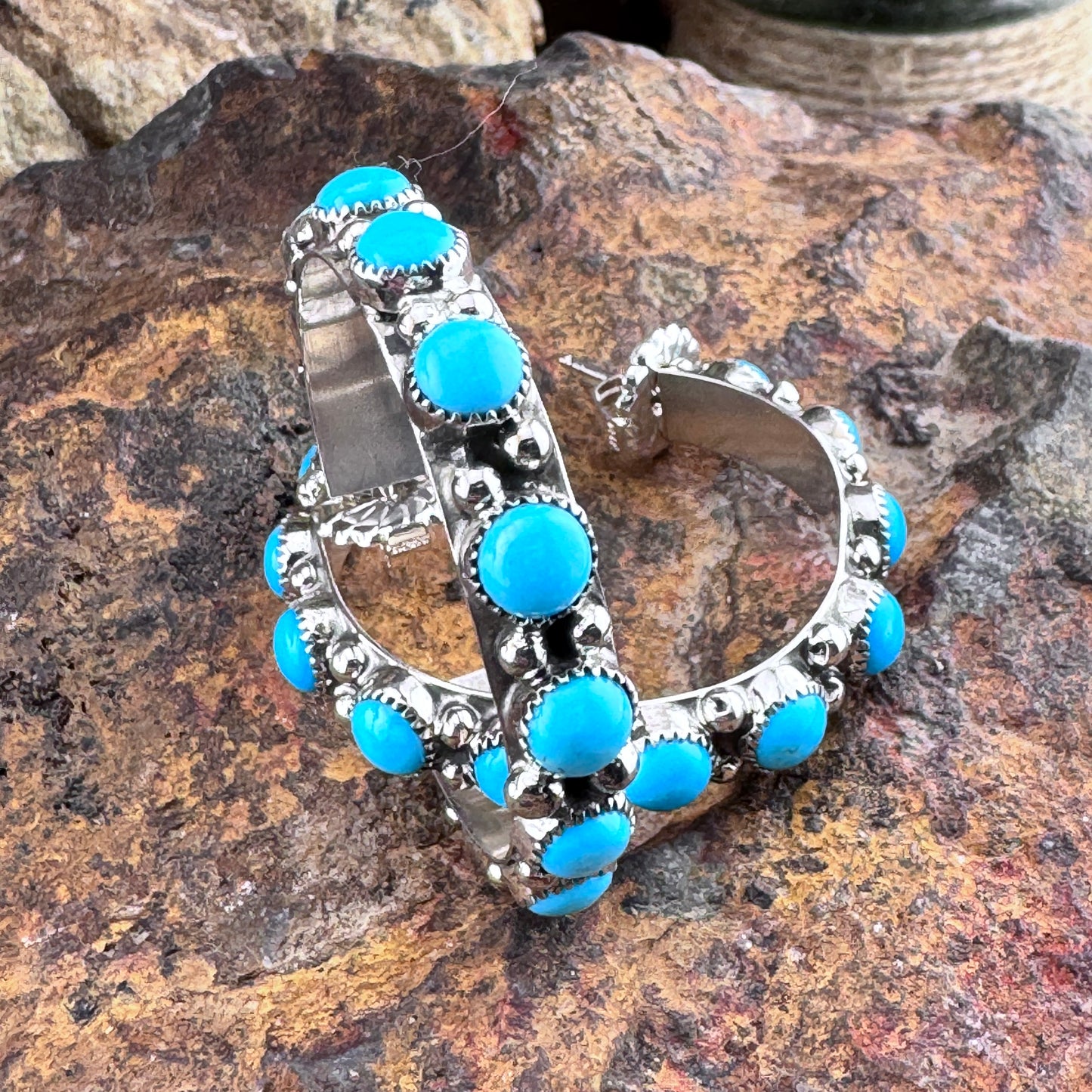 Kingman Turquoise Sterling Silver Hoop Earrings by Eloise Kee