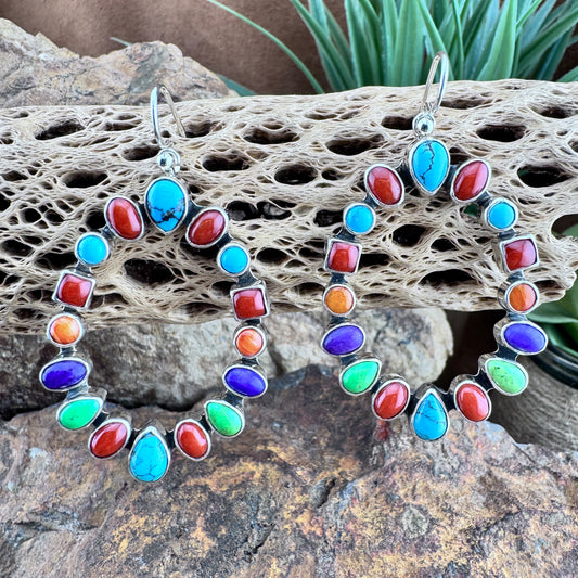 Multi-Stone Sterling Silver Oval Hoop Earrings by Navajo Artist