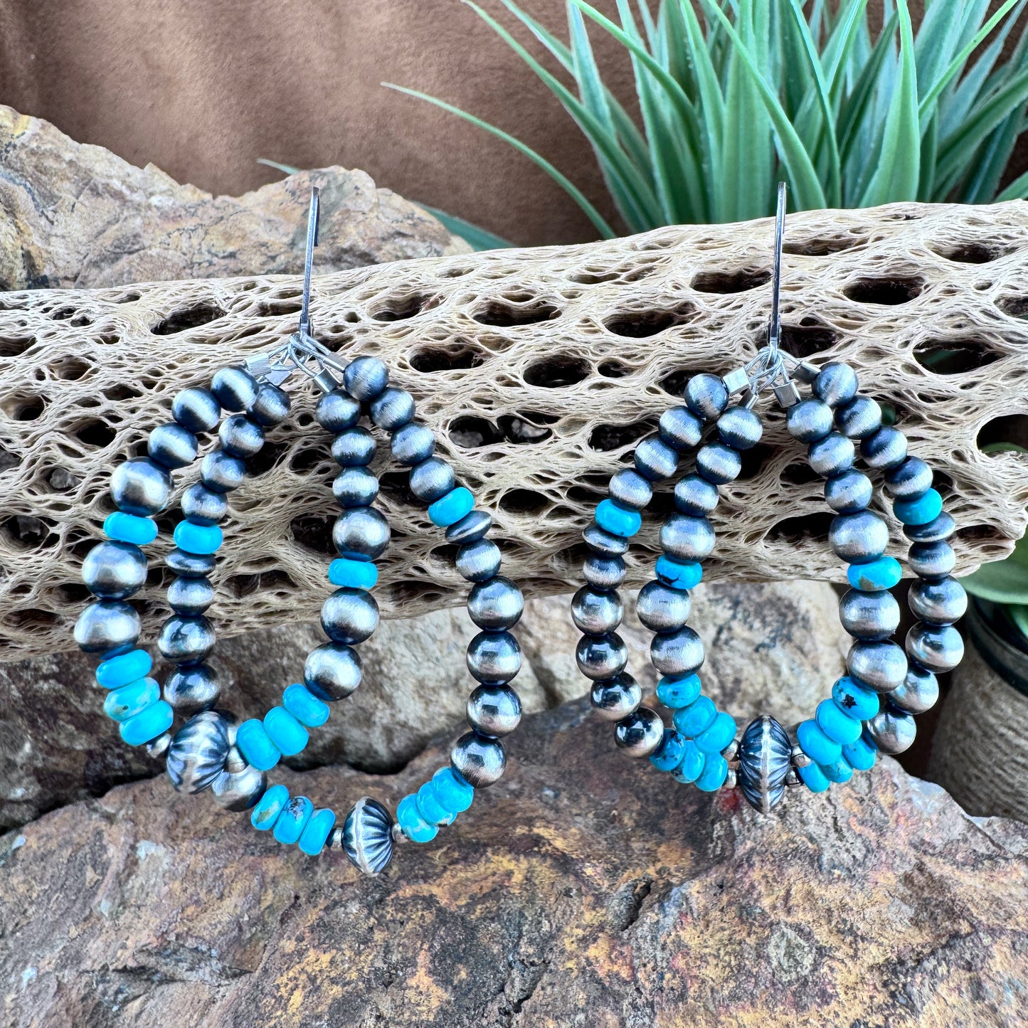 Sonoran Gold Turquoise & Navajo Pearl Sterling Silver Hoop Earrings by Ester Reano