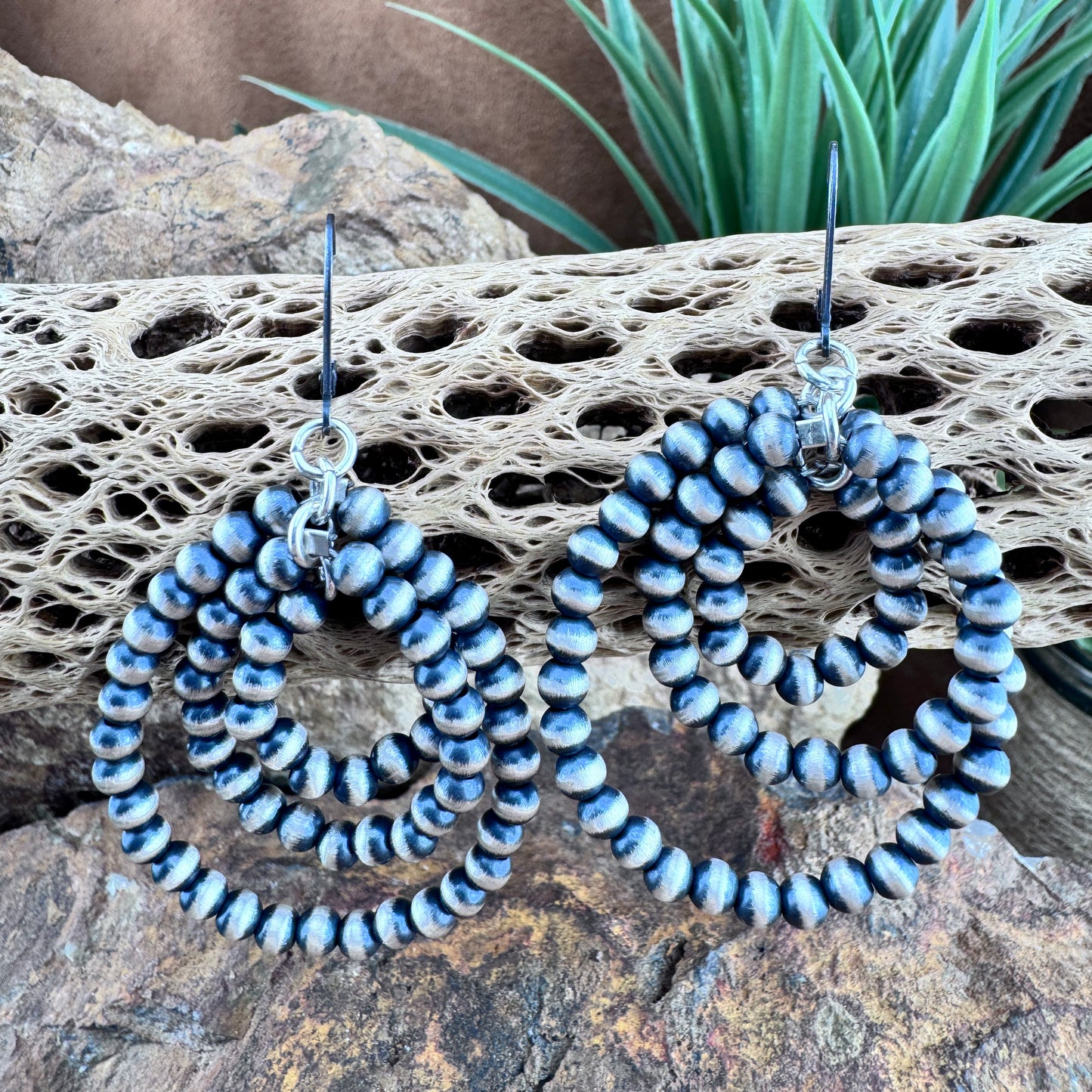 Triple Hoop Earrings with Graduated Navajo Pearls by Rena Begay