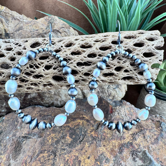 Freshwater Pearl & Navajo Pearl Sterling Silver Hoop Earrings by Ester Reano