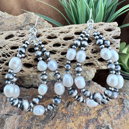 Double-Hoop Freshwater Pearl & Navajo Pearl Sterling Silver Earrings by Ester Reano