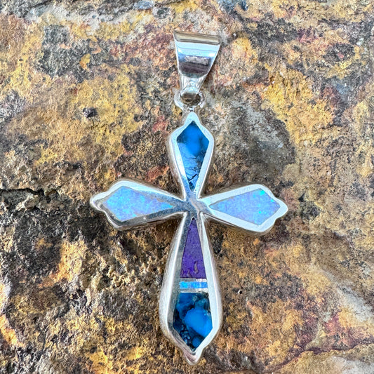 David Rosales Shalako Inlaid Sterling Silver Pendant Cross