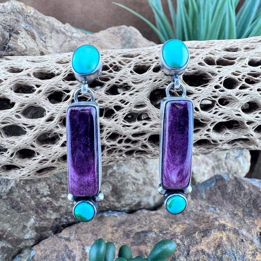 Purple Spiny Oyster and Sonoran Gold Turquoise Sterling Sliver Drop Earrings by Louise Joe