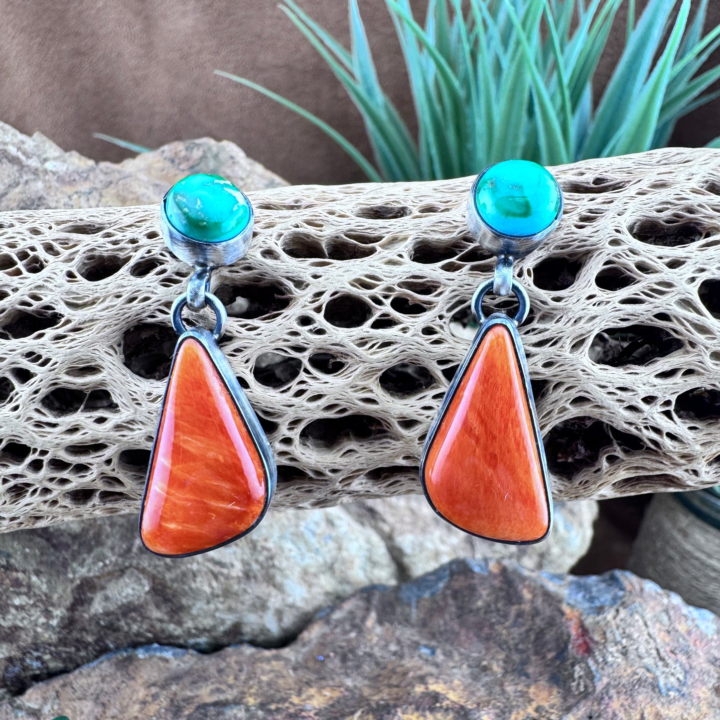 Orange Spiny Oyster and Sonoran Gold Turquoise Sterling Sliver Drop Earrings by Louise Joe