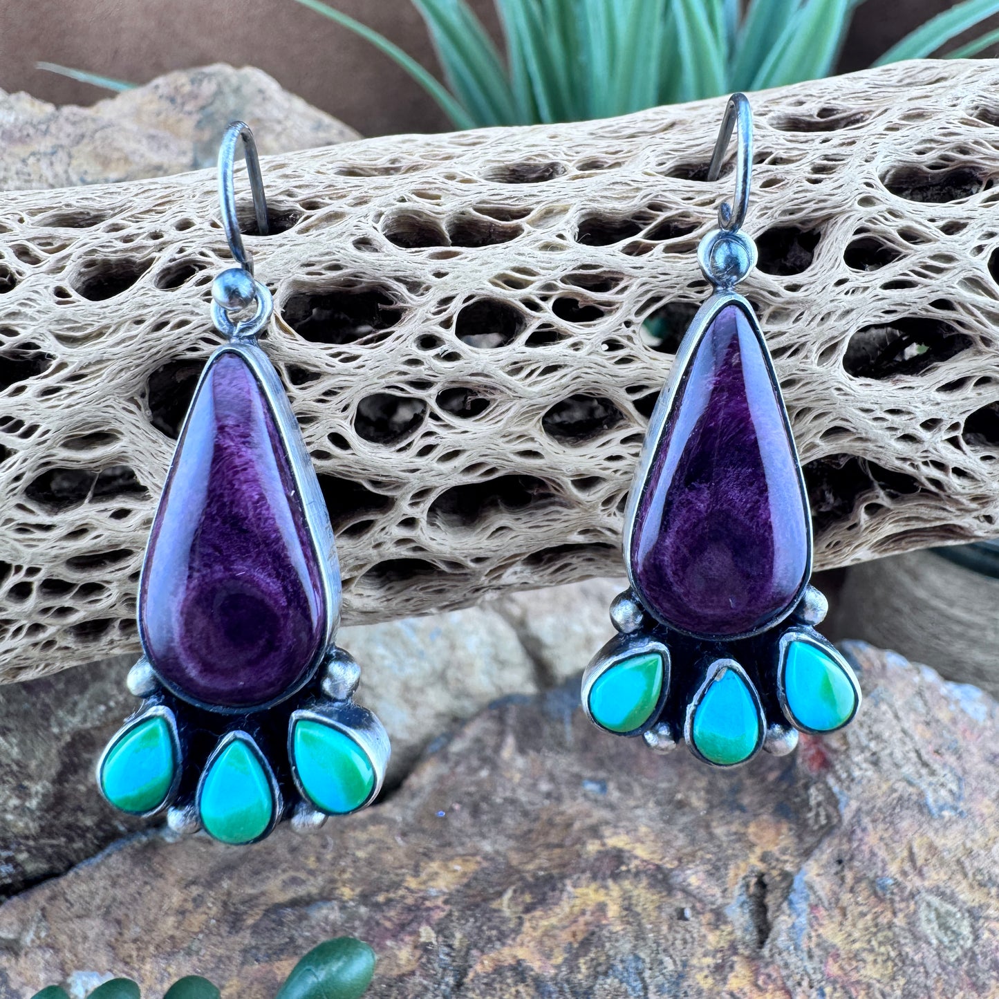 Purple Spiny Oyster and Sonoran Gold Turquoise Sterling Sliver Drop Earrings by Louise Joe