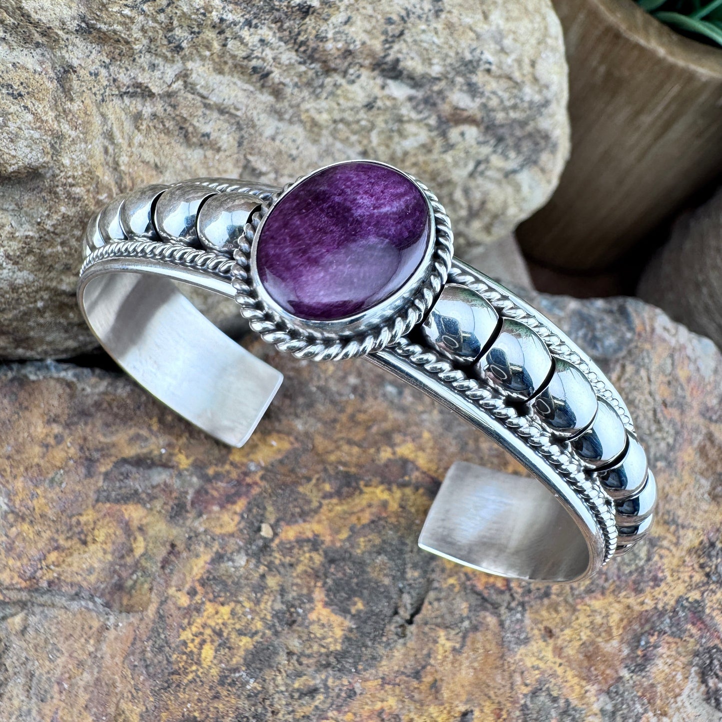 Purple Spiny Oyster Shell Sterling Silver Cuff Bracelet by Tom Charlie