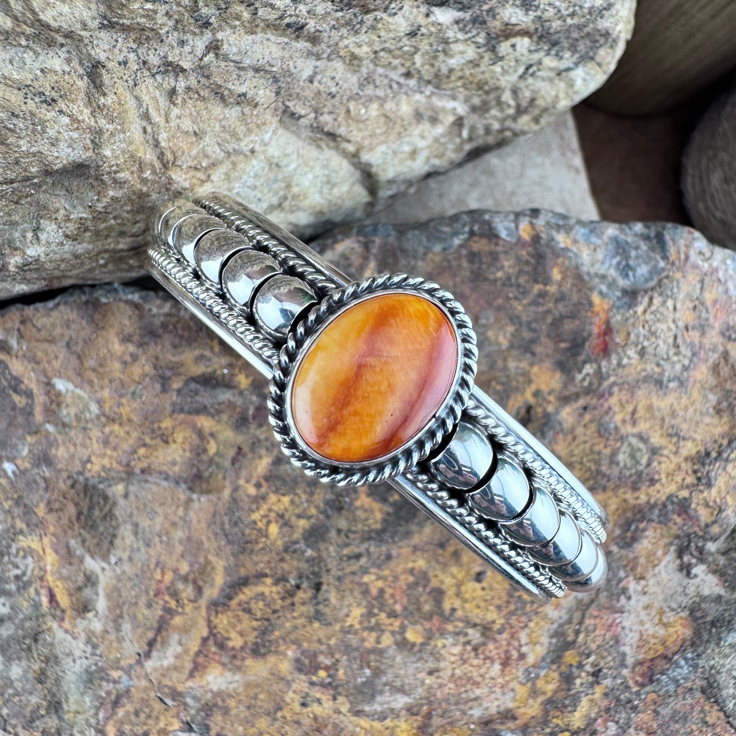Orange Spiny Oyster Sterling Silver Cuff Bracelet by Tom Charlie