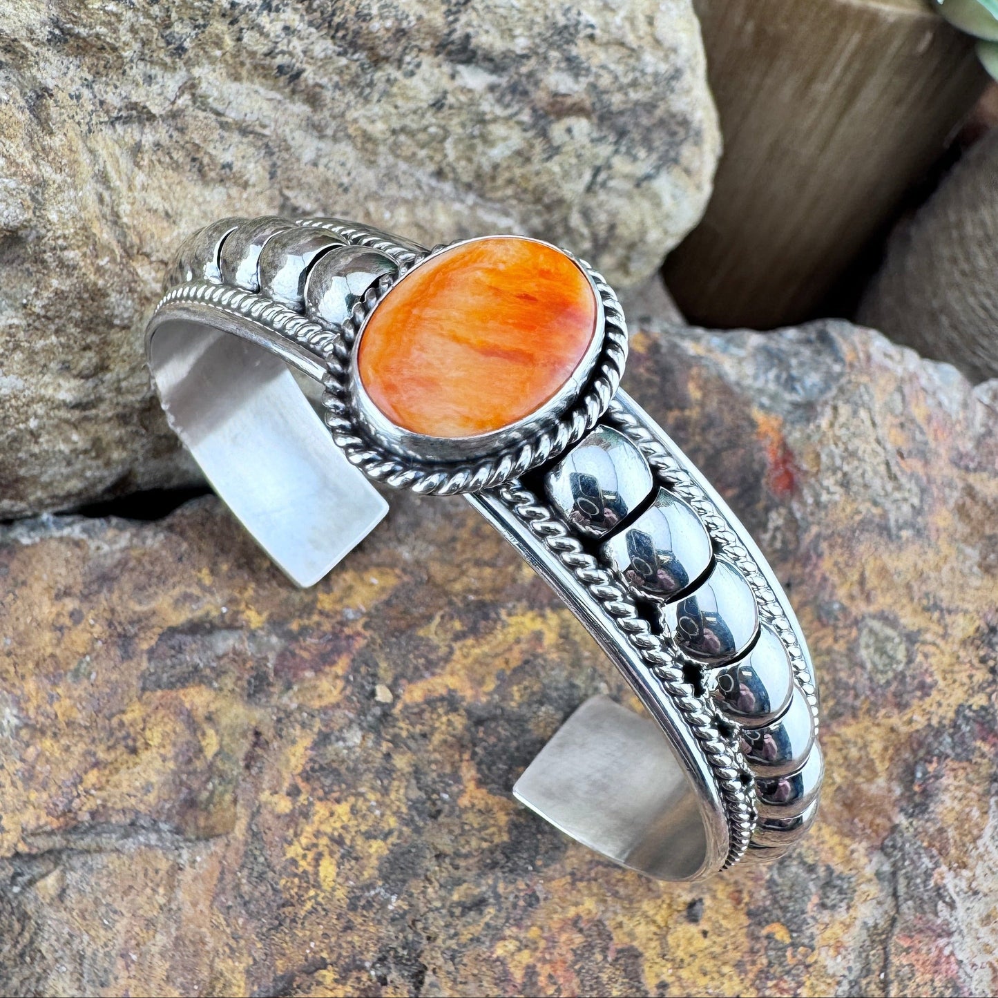Orange Spiny Oyster Sterling Silver Cuff Bracelet by Tom Charlie