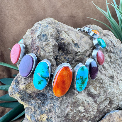 Multi-Stone Sterling Silver Link Bracelet by Loretta Delgarito