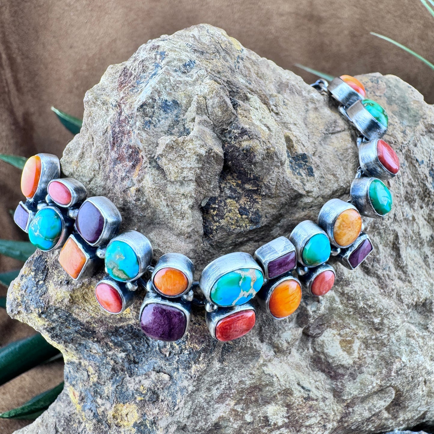 Multi-Stone Sterling Silver Link Bracelet by Loretta Delgarito