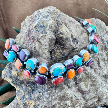 Multi-Stone Sterling Silver Link Bracelet by Loretta Delgarito